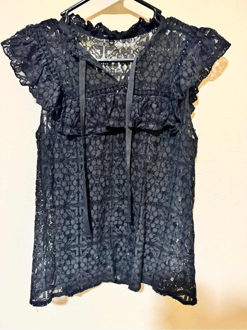 Who What Wear Black Lace Tie-Neck Women's Top